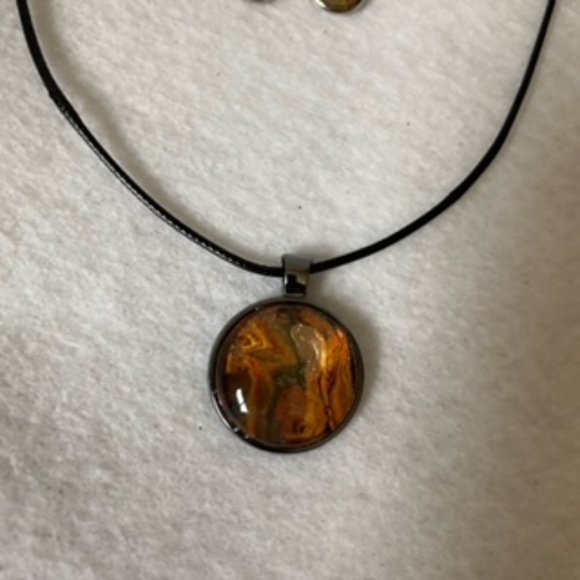 COPY - Abstract Acrylic Art Necklace And Earring Set In Pewter Bezel - Picture 4 of 13